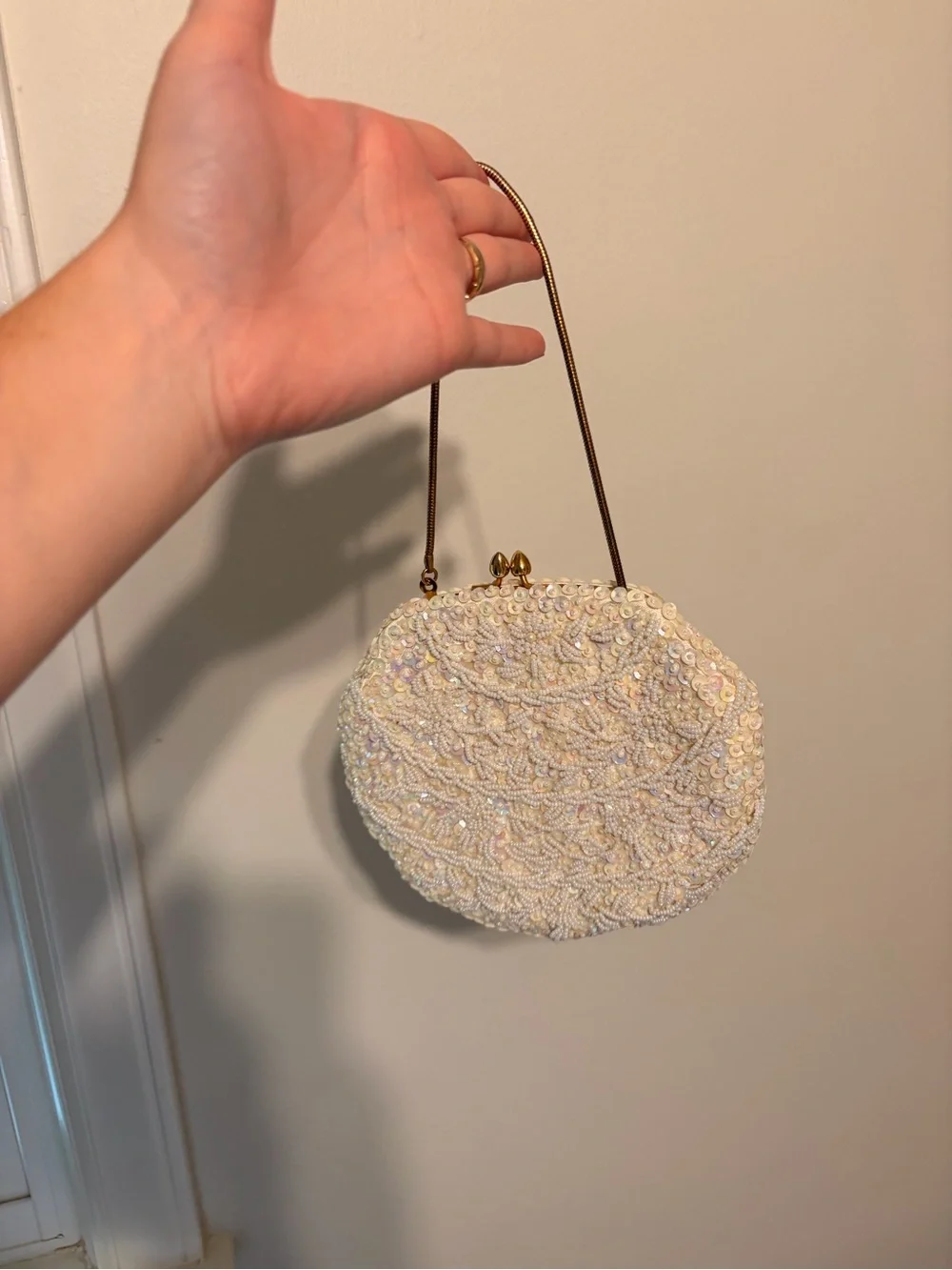 Vintage Bridal Beaded Ivory Evening Clutch with Gold Chain